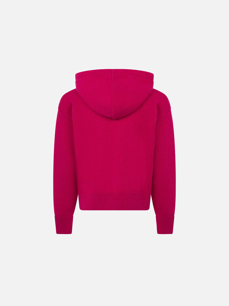 Girl fuchsia cropped hooded sweater with rhinestones