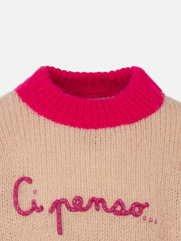 Girl boxy shape soft sweater with Ci penso... embroidery