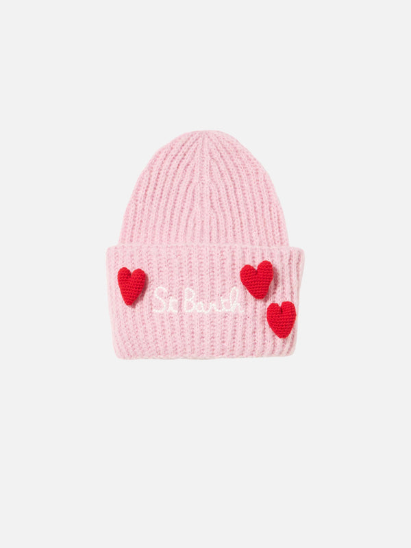 Girl brushed and ultra soft beanie with hearts appliqués