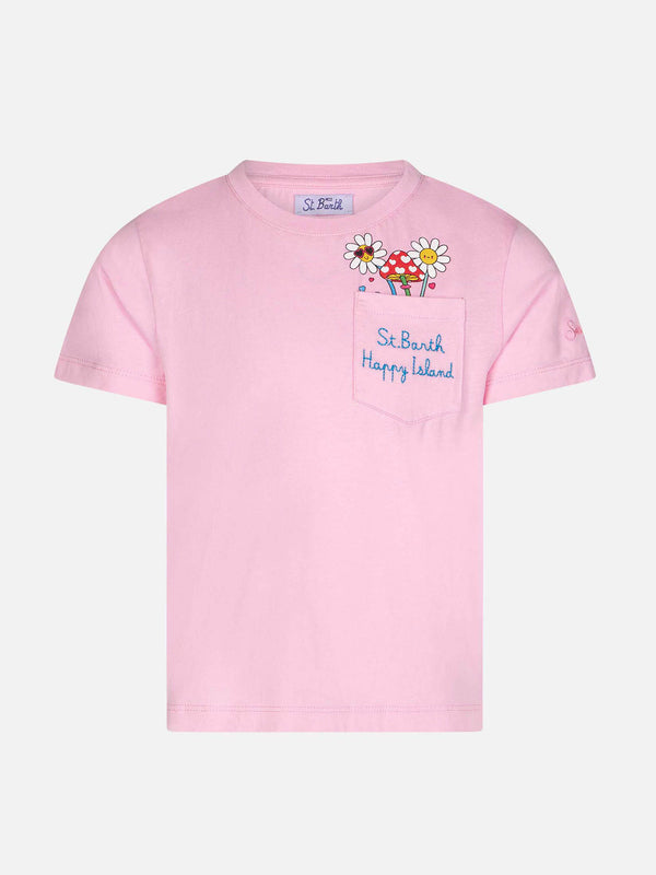 T-shirt da bambina in cotone con ricamo St. Barth Happy Island