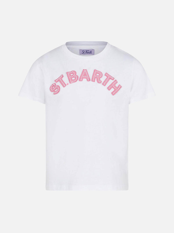 T-shirt da bambina con logo patch St. Barth rosa