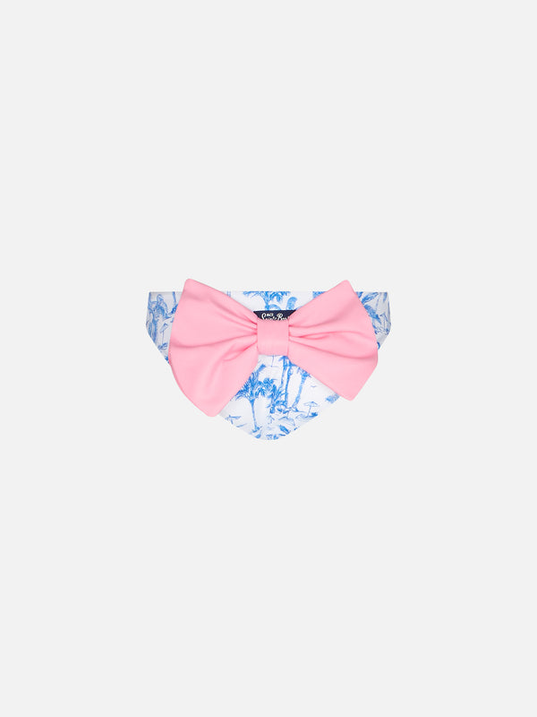 Girl swim briefs with toile de jouy print and bow