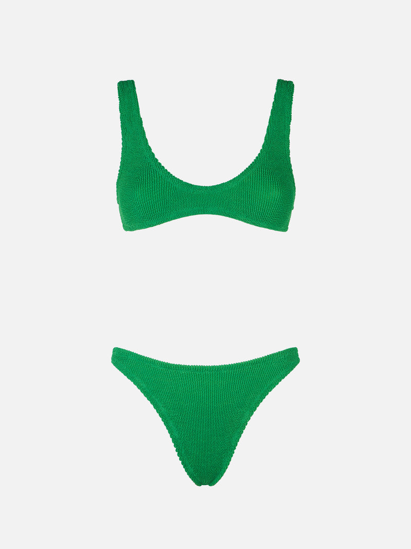 Woman green crinkle bralette bikini