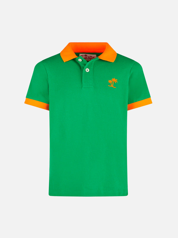 Boy green piquet polo with orange St. Barth logo