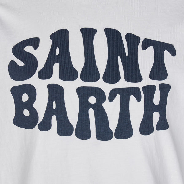 Kid white cotton t-shirt with blue groovy Saint Barth print
