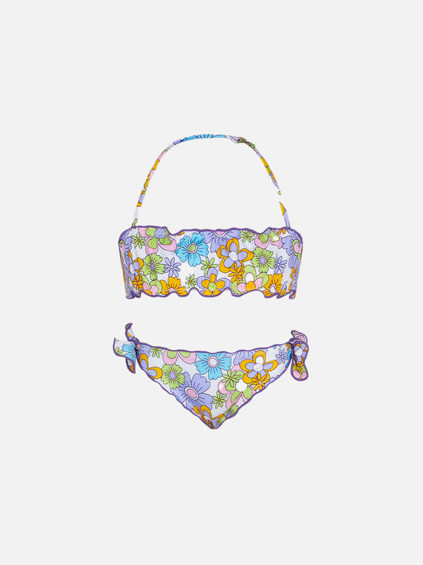 Bikini da bambina a fascia con stampa fiori multicolore