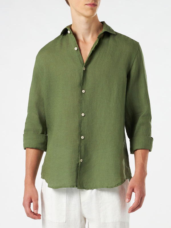 Camicia da uomo in lino verde militare