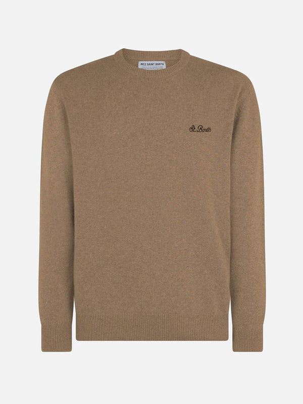 Man crewneck beige sweater with St. Barth embroidery