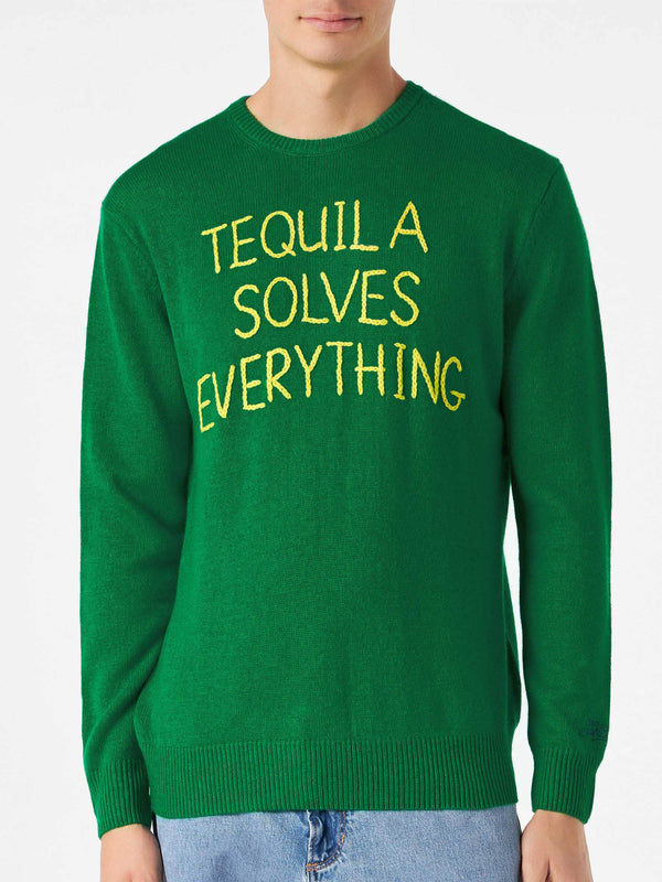 Man green sweater with Tequila solves everything embroidery
