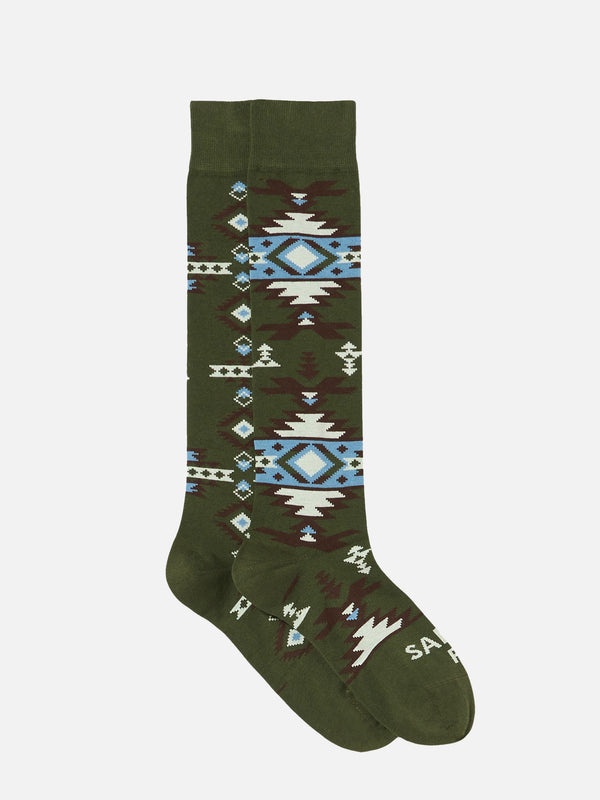 Man long socks with beige and blue ethnic pattern