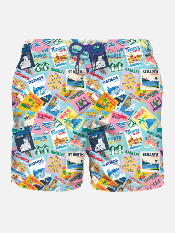 Man lightweight fabric swim-shorts Lighting with postcard print
