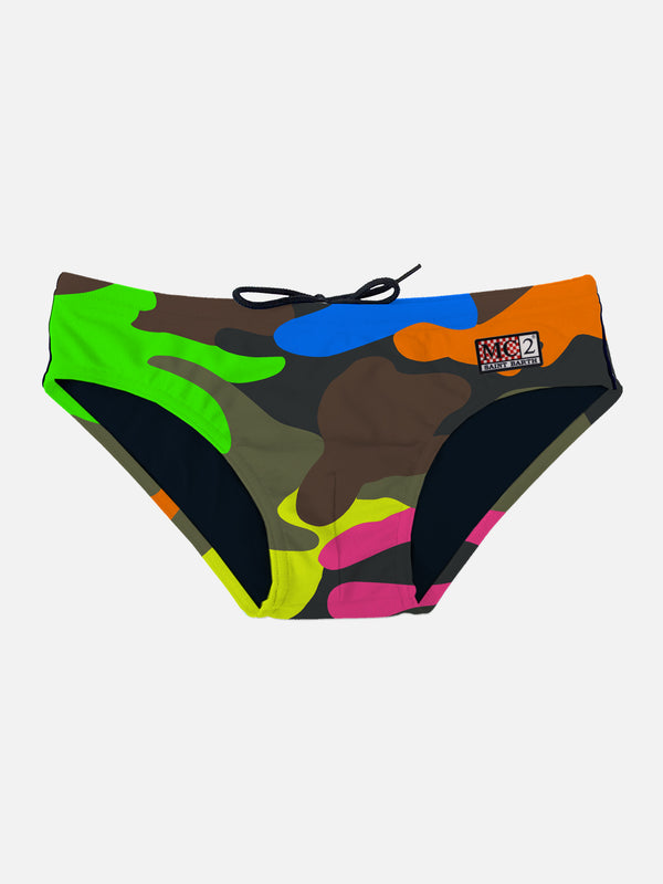 Man swim briefs with multicolor camouflage print