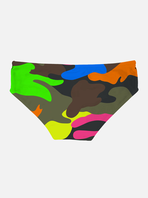 Man swim briefs with multicolor camouflage print