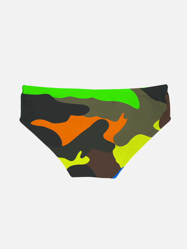 Boy swim briefs with multicolor camouflage print