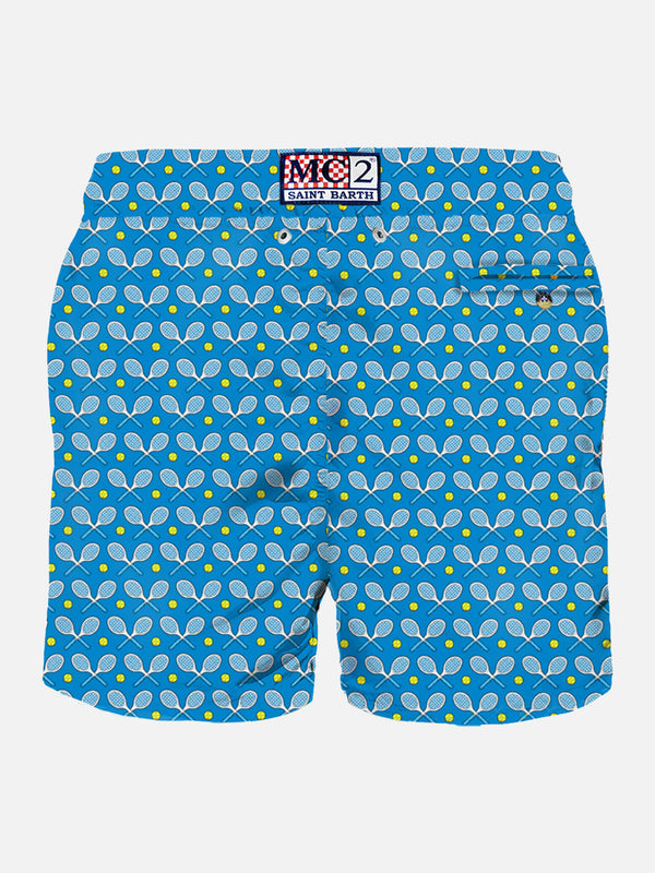 Man light fabric swim shorts with rackets print