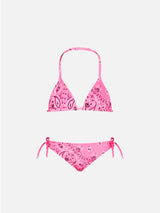 Girl triangle bikini with fluo pink bandanna print