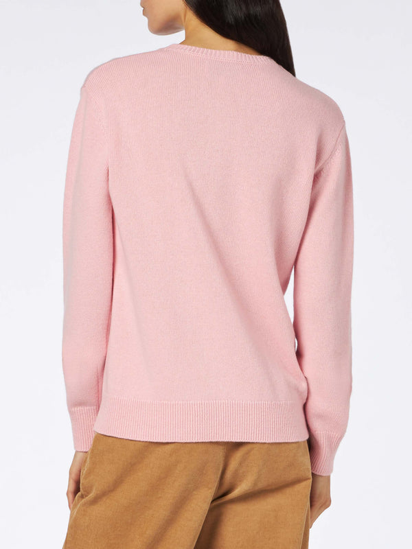 Woman crewneck pink sweater with Pink Panther Ancora Tu? Print | THE PINK PANTHER SPECIAL EDITION