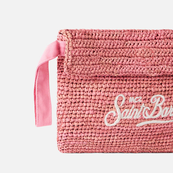Raffia pink pochette with front embroidery