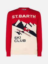 Man crewneck sweater with St. Barth Ski Club postacard jacquard print