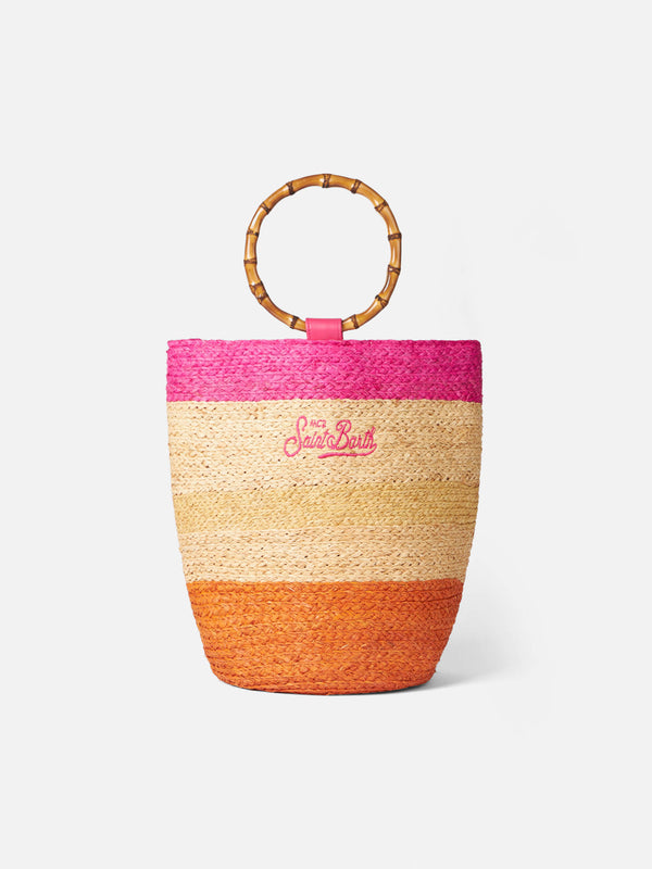 Raffia multicolor bucket bag with bamboo handles