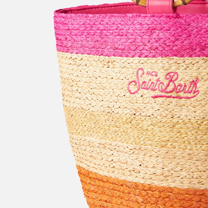 Raffia multicolor bucket bag with bamboo handles