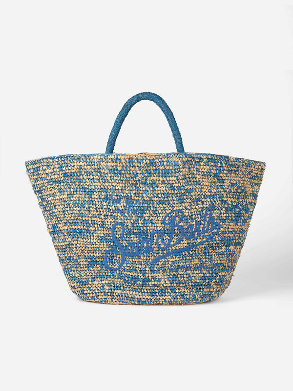 Raffia blue and white bag with front embroidery
