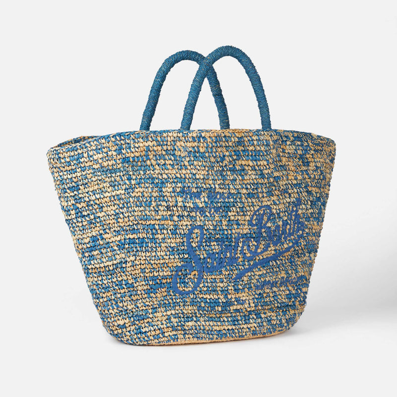 Raffia blue and white bag with front embroidery