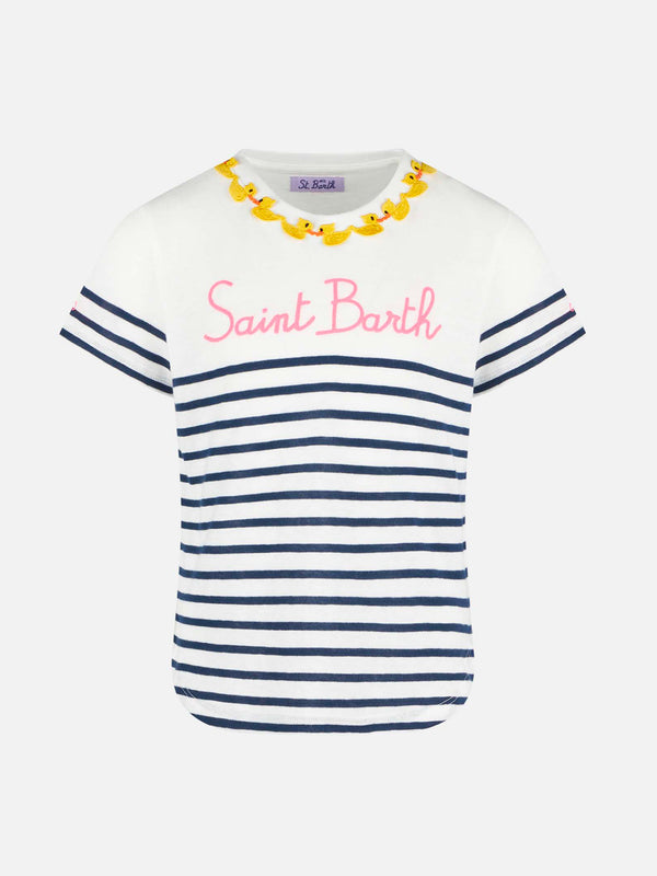Girl t-shirt with stripes and Saint Barth embroidery