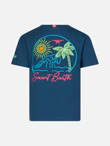 T-shirt blu da bambino in cotone con stampa St. Barth beach