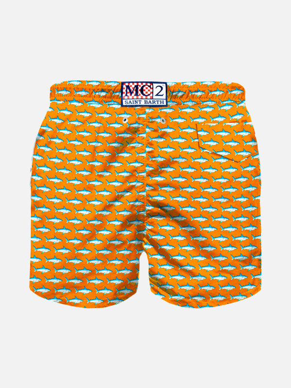 Micro sharks orange fluo print boy's light swimshorts