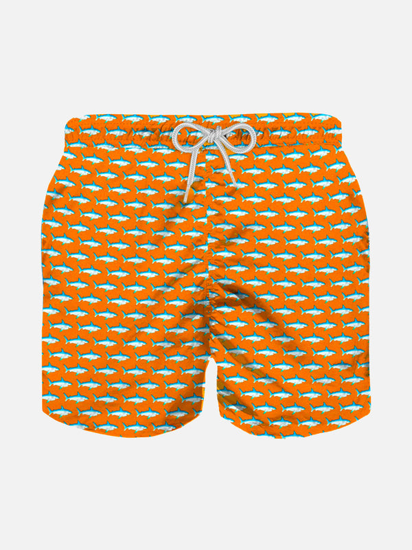 Micro sharks orange fluo print boy's light swimshorts