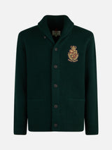 Man shawl collar green ribbed cardigan with pockets and patch