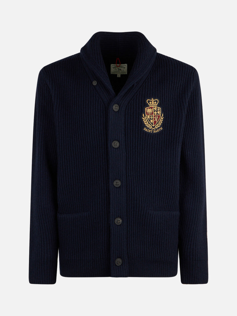 Man shawl collar blue ribbed cardigan with pockets and patch