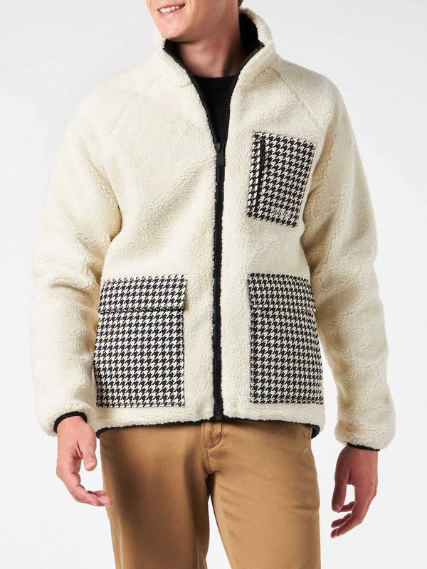 Man white sherpa jacket with check patch pockets