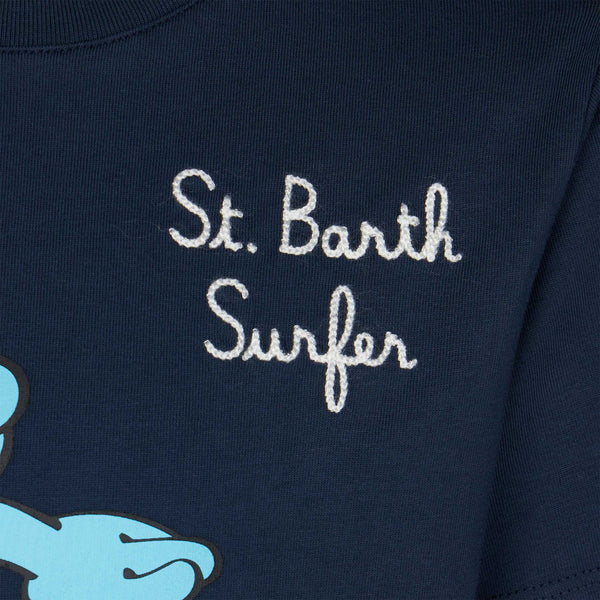 T-shirt da bambino in cotone con Puffo St. Barth Surfer | ©PEYO EDIZIONE SPECIALE