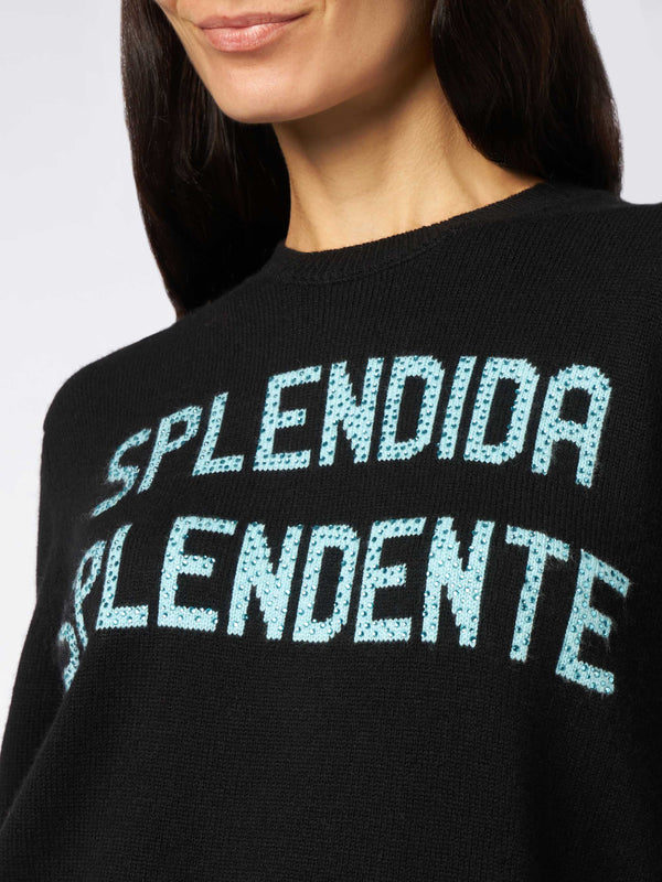 Woman crewneck black sweater with Splendida Splendente rhinestone print | NIKI DJ SPECIAL EDITION