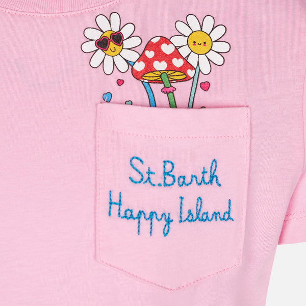 Girl cotton t-shirt with St. Barth Happy Island embroidery