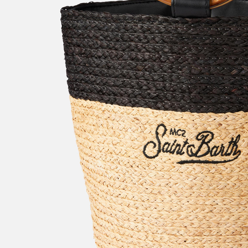 Raffia bucket bag with bamboo handles