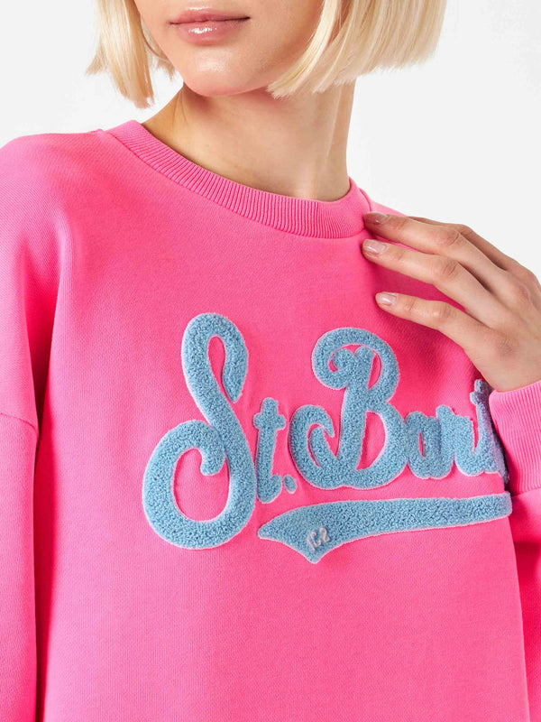 Woman fluo pink sweatshirt with St. Barth embroidery