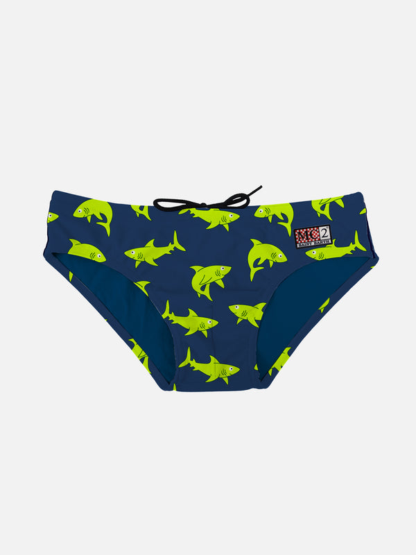 Boy swim briefs with sharks all over print