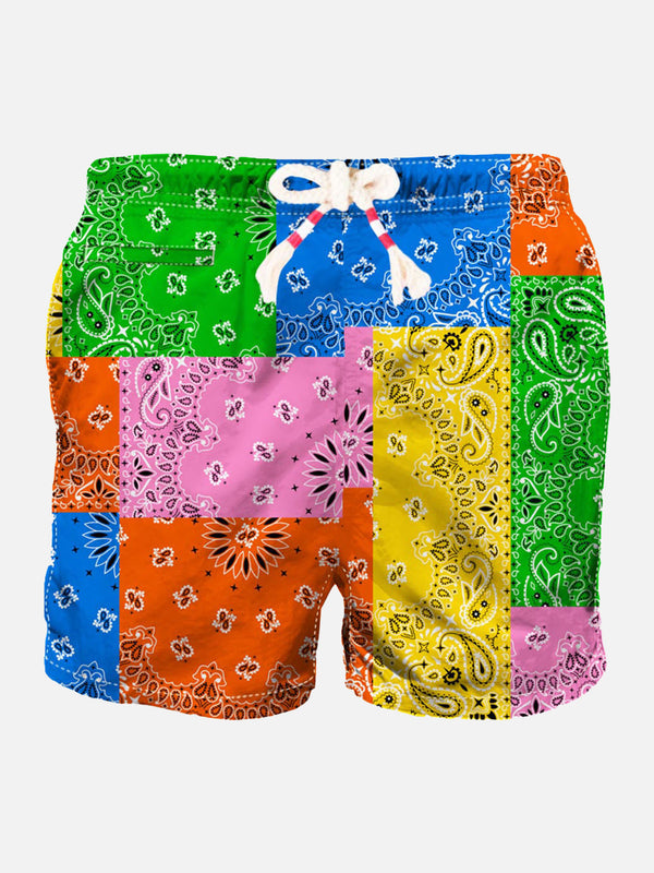 Man swim shorts with multicolor bandanna print