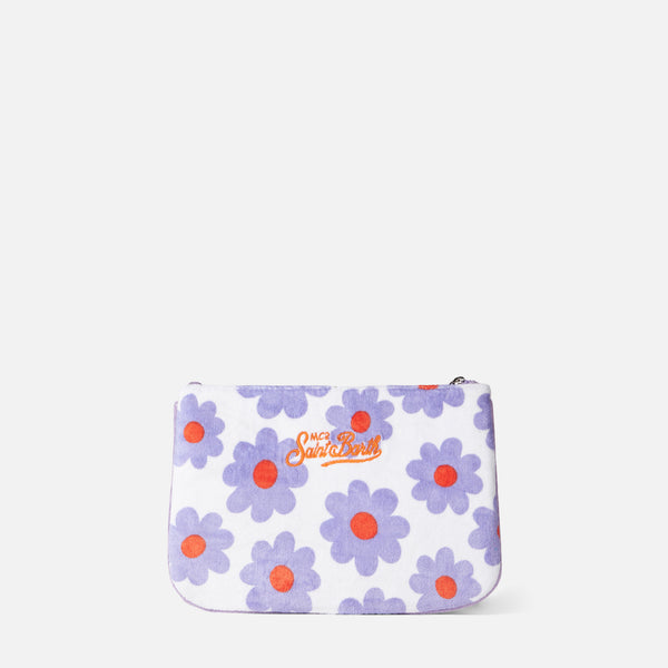 Parisienne terry pouch bag with violet and orange daisy print