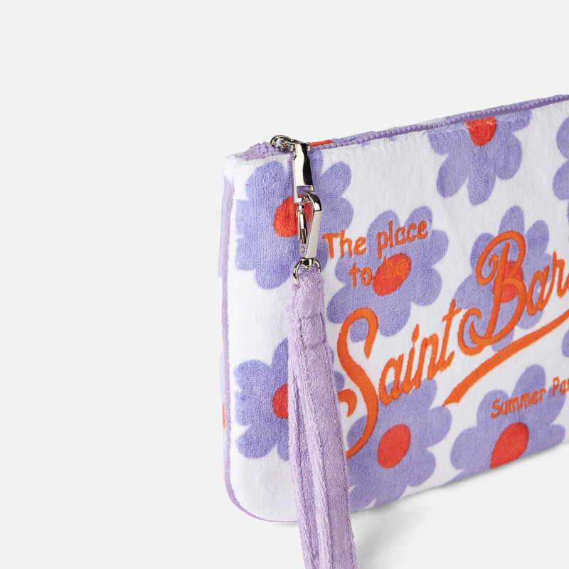 Parisienne terry pouch bag with violet and orange daisy print
