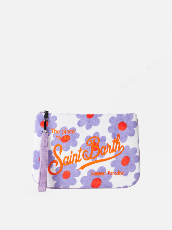 Parisienne terry pochette with violet and orange daisy print