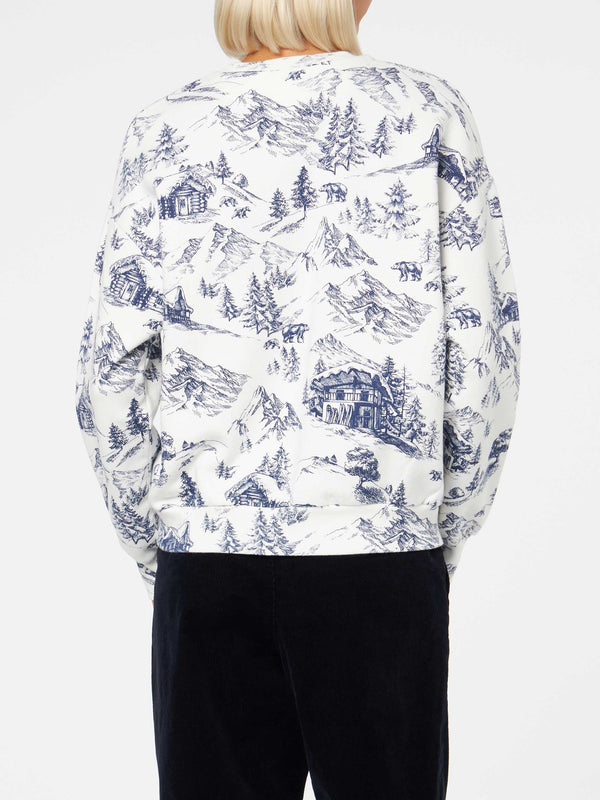 Woman fleece sweatshirt with toile de jouy print