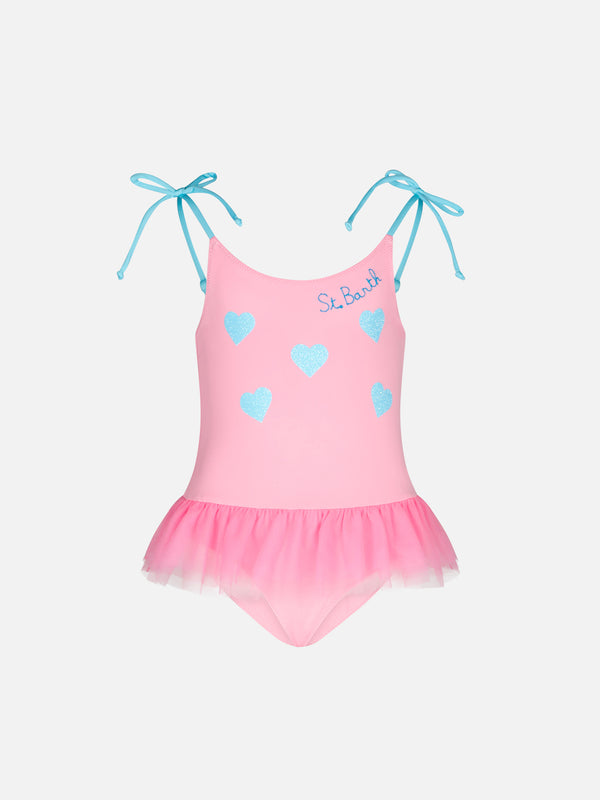 Girl one piece swimsuit with trims and glittered hearts