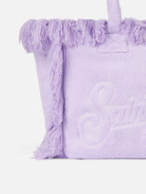 Borsa a spalla Vanity in spugna lilla con logo impresso