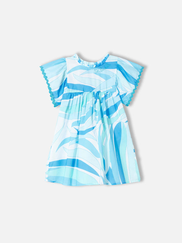 Girl dress with light blue palms print
