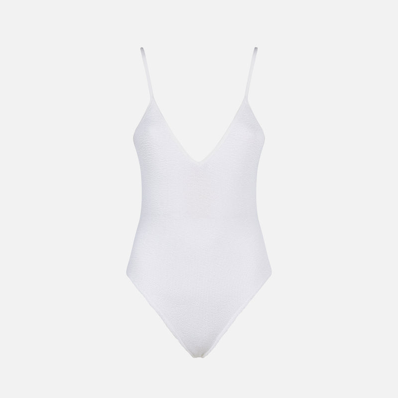 Woman white crinkle one piece swimsuit