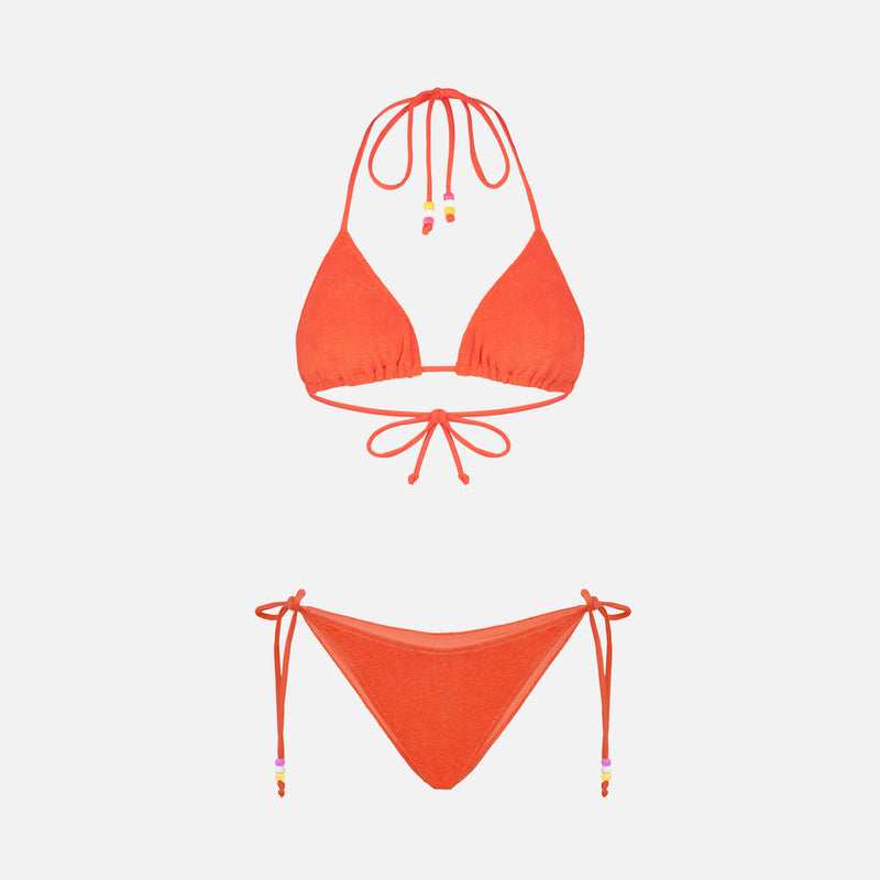 Woman orange terry triangle bikini with charms